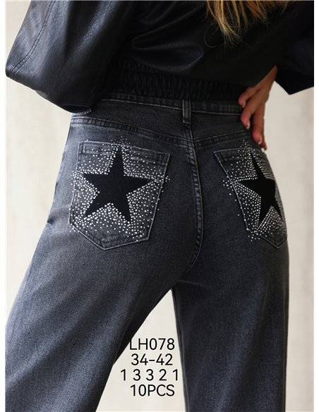 Jeans wide leg bolsillo con estrellas y strass