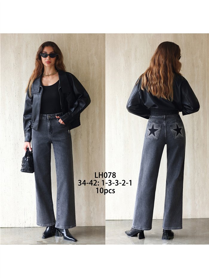 Jeans wide leg bolsillo con estrellas y strass