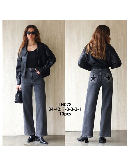 Jeans wide leg bolsillo con estrellas y strass