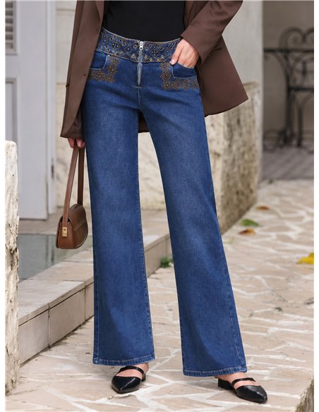 Jeans wide leg cintura bordada con tachas