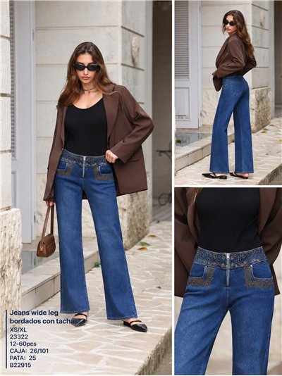 Jeans wide leg cintura bordada con tachas 2