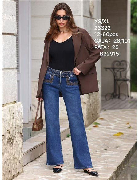 Jeans wide leg cintura bordada con tachas