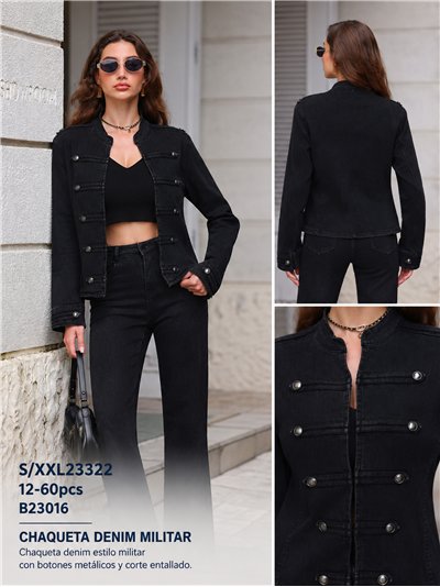 Chaqueta denim militar negra entallada 2