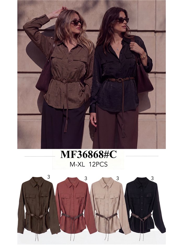 Camicia di raso con cintura e tasche