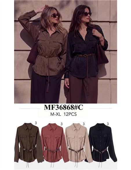 Camicia di raso con cintura e tasche