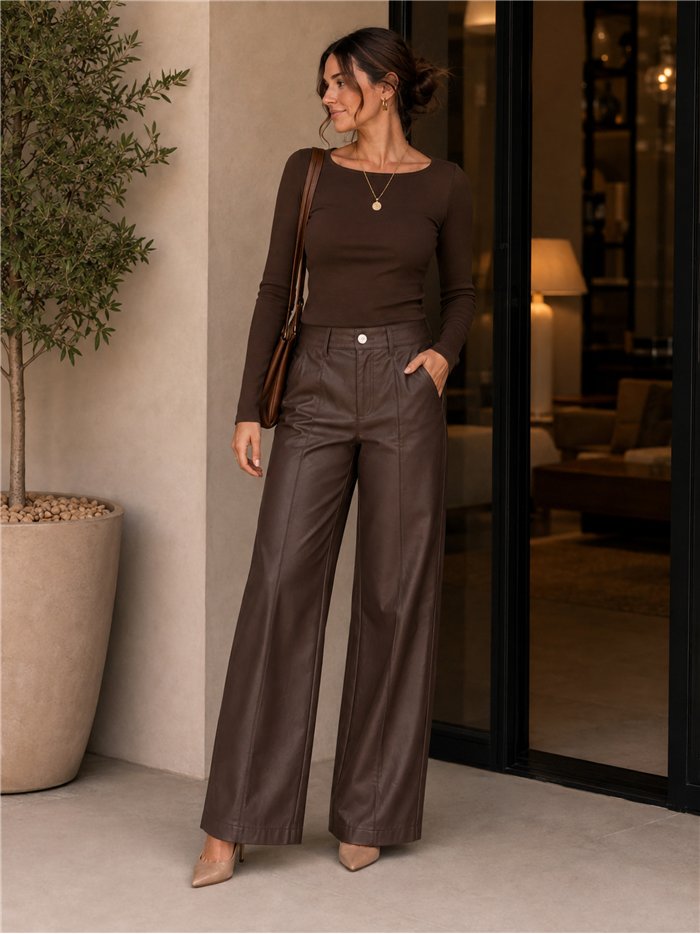 Pantalón wide leg efecto piel