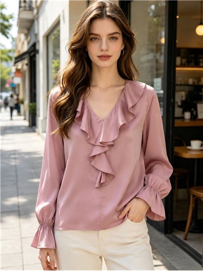 Blusa satinada con volante frontal