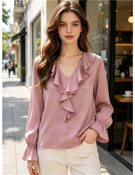 Blusa satinada con volante frontal