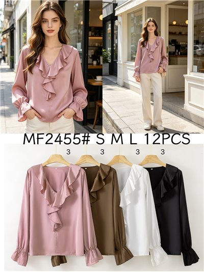 Blusa satinada con volante frontal 2
