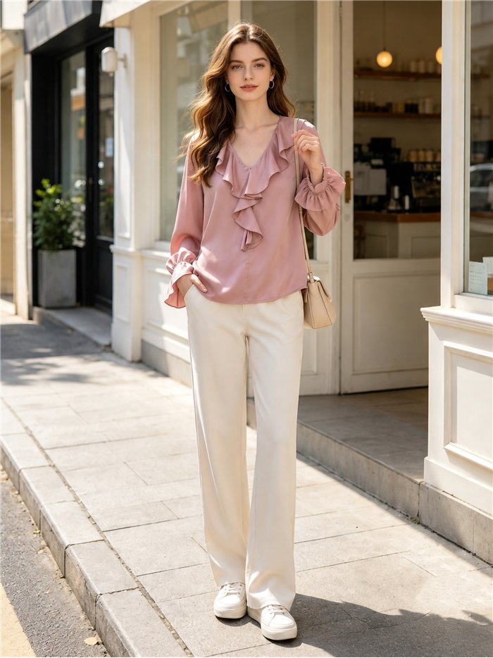 Blusa satinada con volante frontal