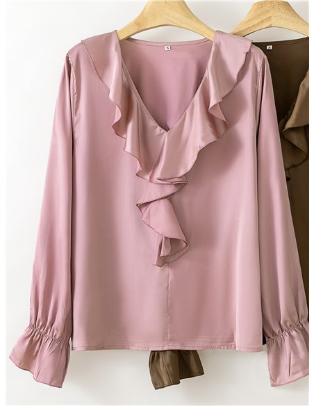 Blusa satinada con volante frontal