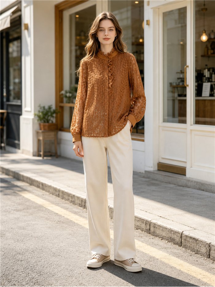 Blusa encaje floral con volante