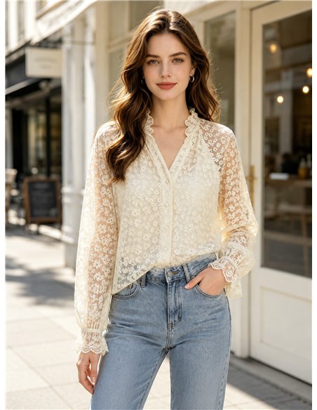 Blusa encaje floral con volante