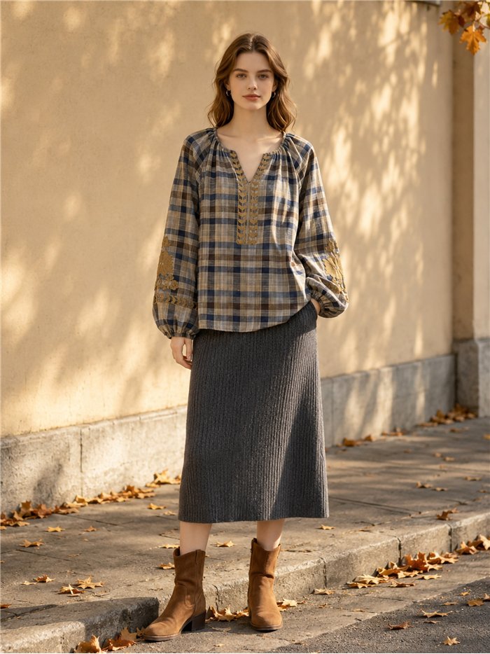 Blusa cuadros con bordado