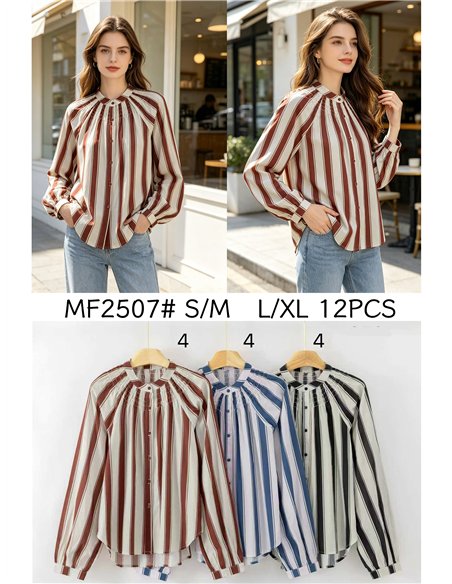 Blusa rayas cuello mao con frunces