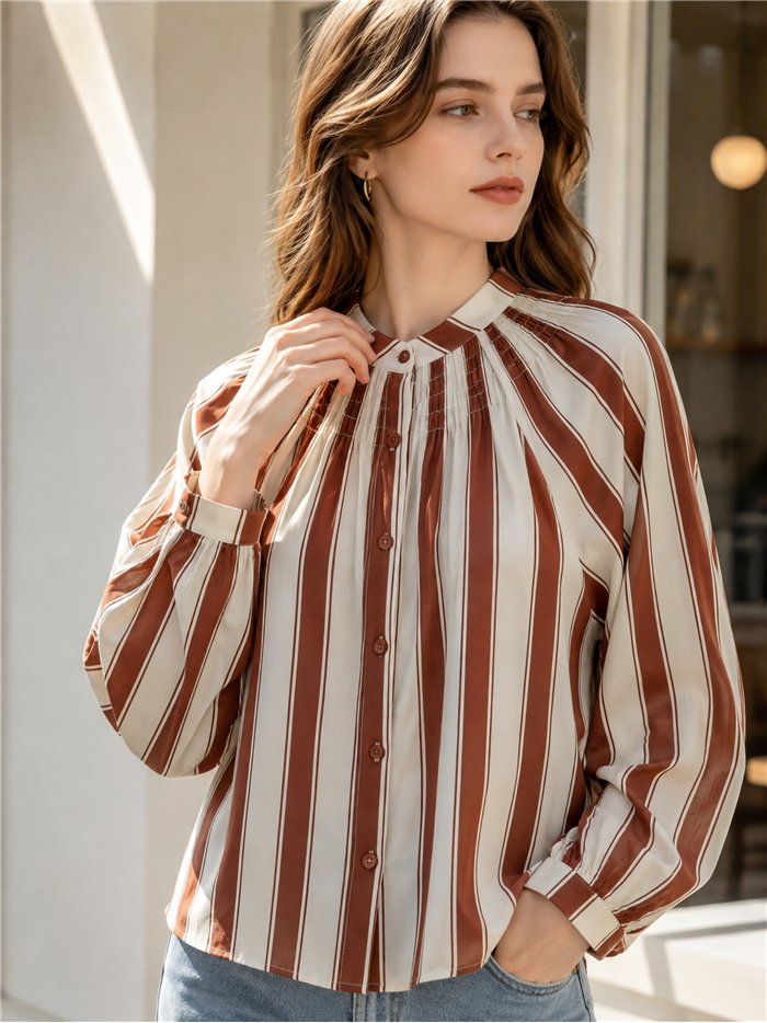 Blusa rayas cuello mao con frunces