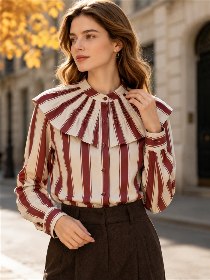 Striped ruffle collar blouse