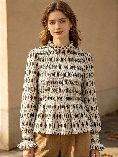 Shirred diamond print blouse