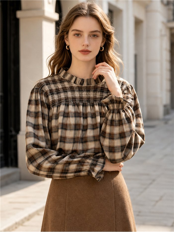 Karierte Bluse mit Raffungen