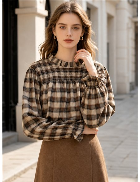 Karierte Bluse mit Raffungen