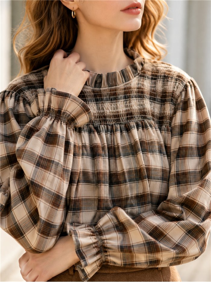 Karierte Bluse mit Raffungen