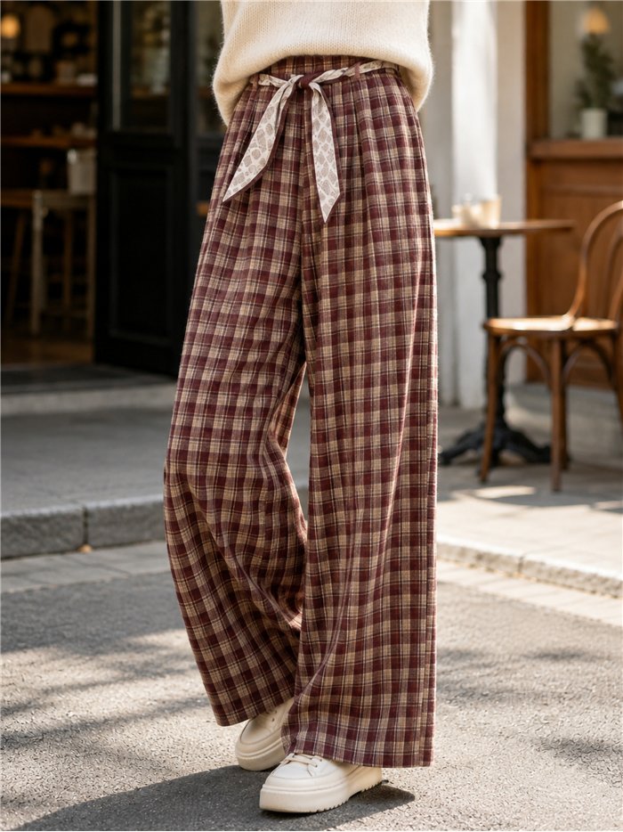 Pantalón wide leg cuadros con cinturón