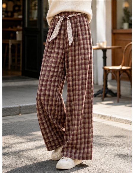 Pantalón wide leg cuadros con cinturón