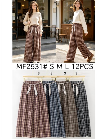 Pantalón wide leg cuadros con cinturón