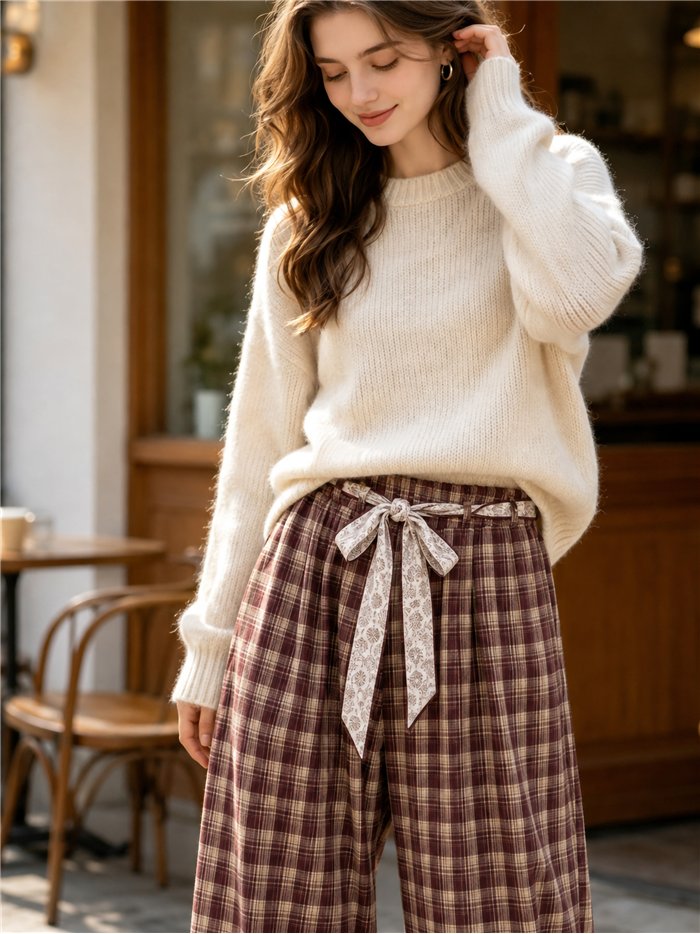 Pantalón wide leg cuadros con cinturón