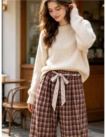 Pantalón wide leg cuadros con cinturón