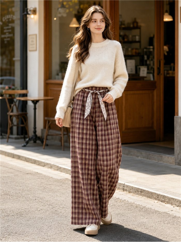Pantalón wide leg cuadros con cinturón