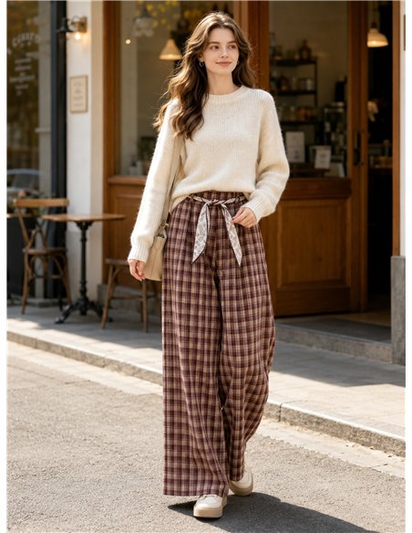 Pantalón wide leg cuadros con cinturón