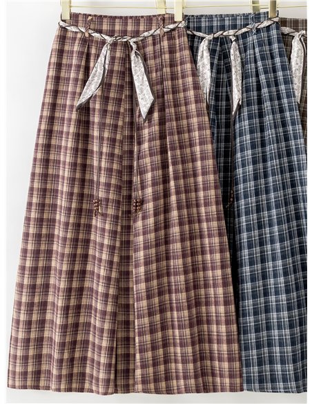 Pantalón wide leg cuadros con cinturón