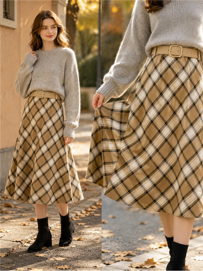 Falda midi cuadros diagonales
