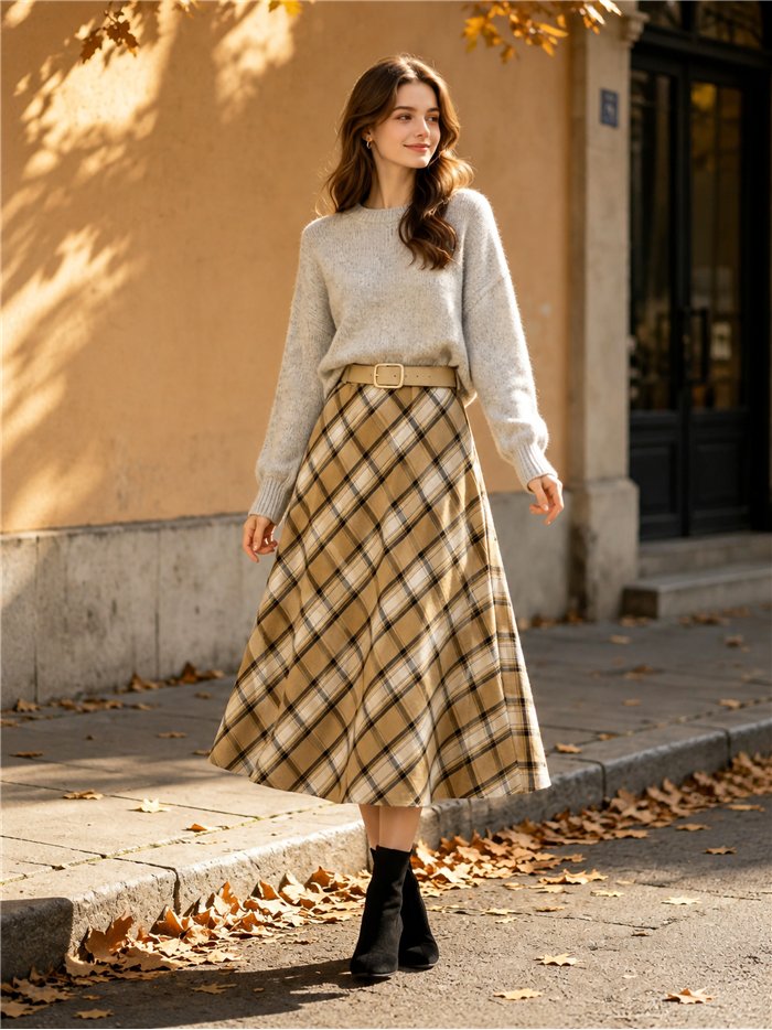Falda midi cuadros diagonales
