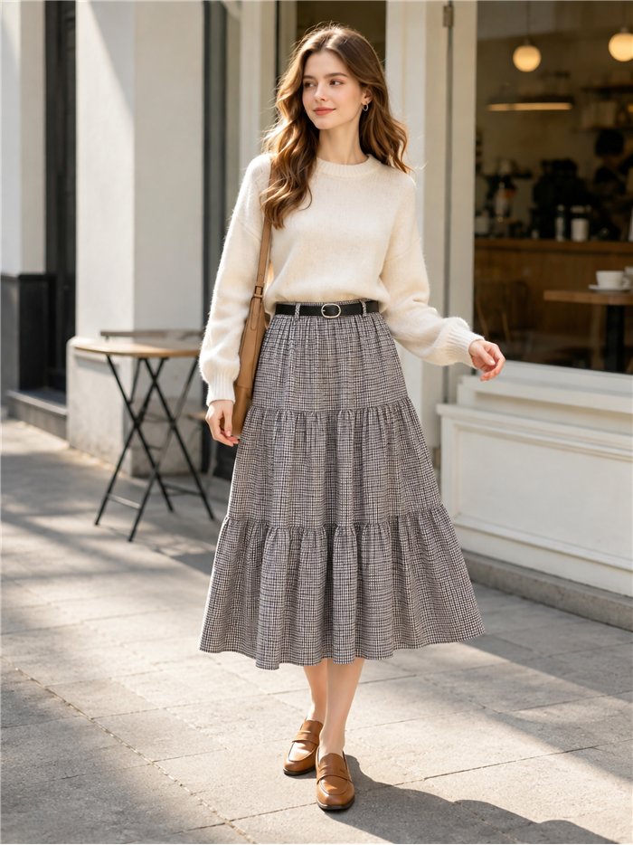 Falda midi de cuadros con volantes