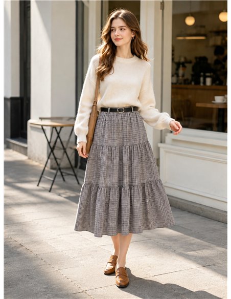 Falda midi de cuadros con volantes