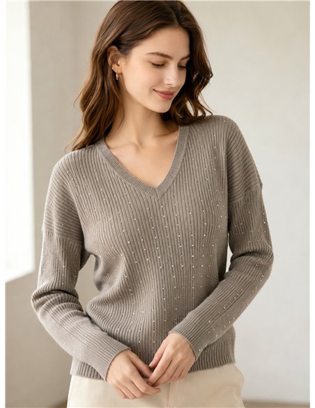 Jersey cuello pico strass