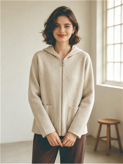 Jaqueta de tricô oversized com capuz e bolsos frontais.