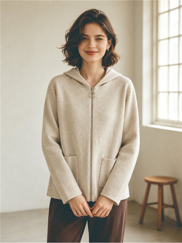 Jaqueta de tricô oversized com capuz e bolsos frontais.