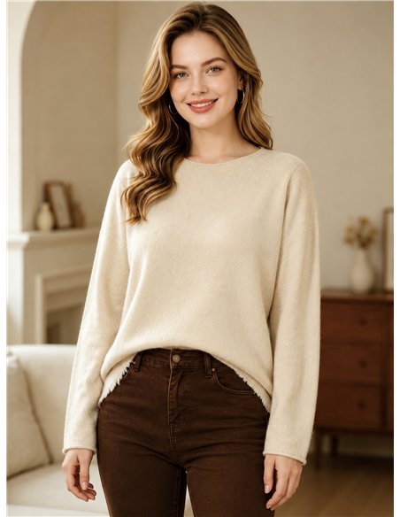 Suéter oversized, de tricô fino e com fios desfiados
