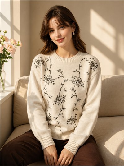 Suéter bordado com flores e lantejoulas.