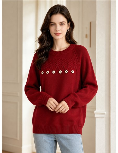 Pull oversize en maille torsadée avec fleurs appliquées