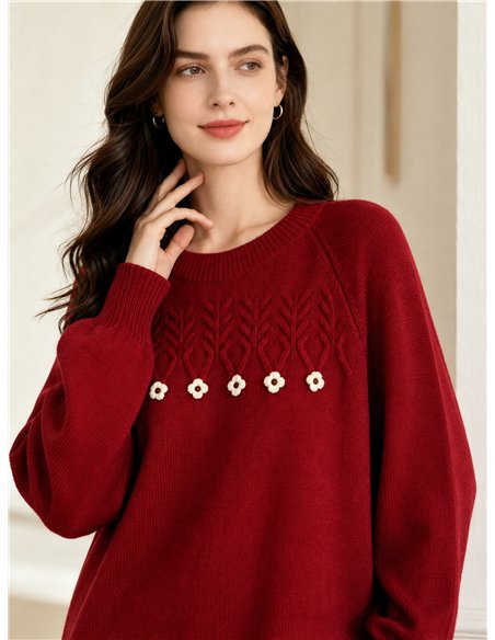 Pull oversize en maille torsadée avec fleurs appliquées