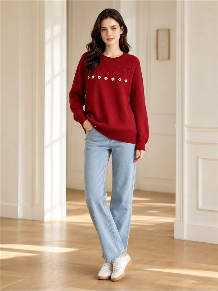 Pull oversize en maille torsadée avec fleurs appliquées