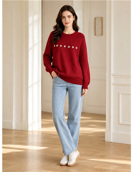 Pull oversize en maille torsadée avec fleurs appliquées