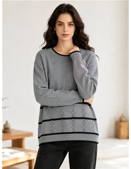 Oversized botanical border knit sweater