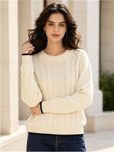 Oversized contrast trim cable knit sweater
