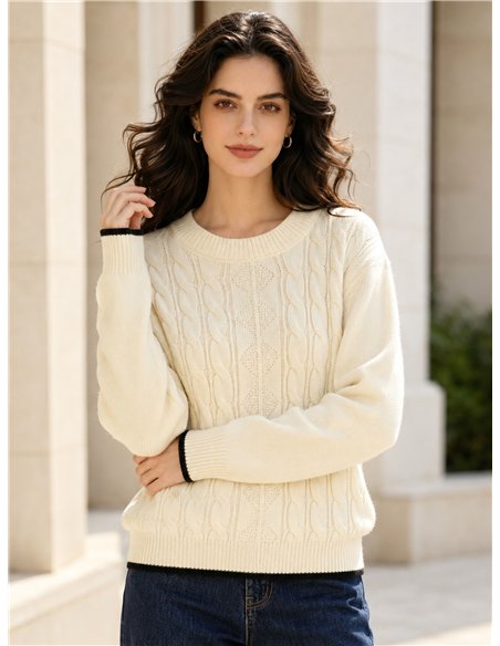Oversized Zopfstrickpullover mit kontrastierender Borte