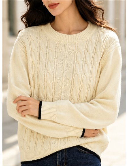 Oversized Zopfstrickpullover mit kontrastierender Borte
